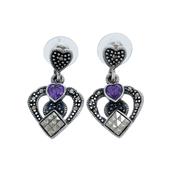 Vintage Sterling Silver 925 Purple Crystal Heart Marcasite Drop Earrings - Picture 1 of 5